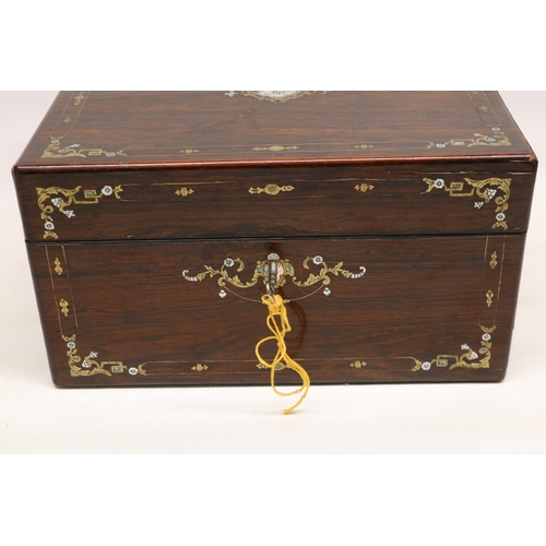 385 - Victorian rosewood dressing box with inlaid brass and mother of pearl decoration, interior lined in ... 