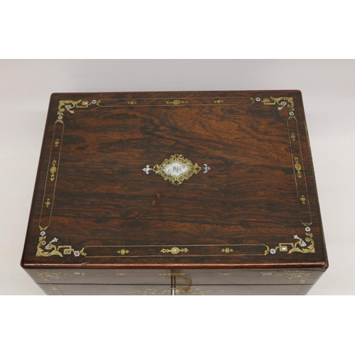 385 - Victorian rosewood dressing box with inlaid brass and mother of pearl decoration, interior lined in ... 