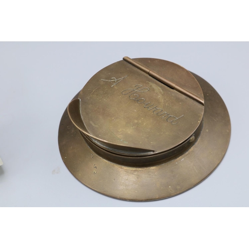 386 - Brass Trench Art officer's hat snuff box or ashtray made from a shell case, engraved 'A. Howard', D1... 