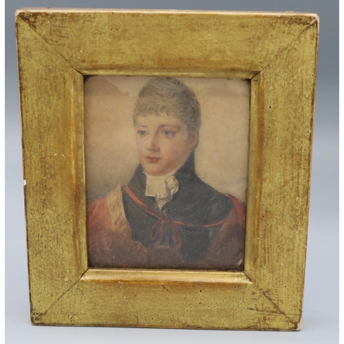 389 - English School (early C19th): bust length miniature portrait of a man in giltwood frame, watercolour... 