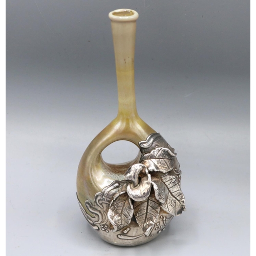 390 - Art Nouveau style art glass posy vase, probably French, applied stylised silver plated leaf decorati... 