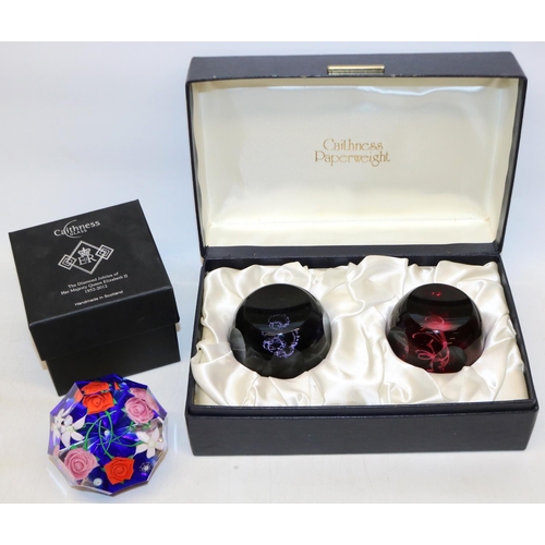 418 - Caithness limited edition glass paperweights: Frost and Fire (pair) 110/150, and The Diamond Jubilee... 