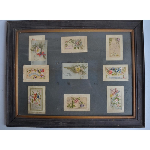 702 - Framed collection of World War 1 postcards to include 8 embroidered silk examples and 2 bouquet card... 