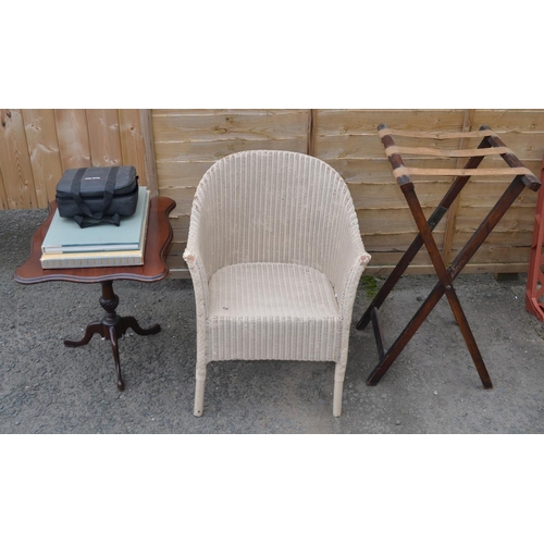 707 - Lloyd Loom style chair, a side table, a folding hotel luggage/drinks stand, a Bodi-Tek Sports Elite ... 