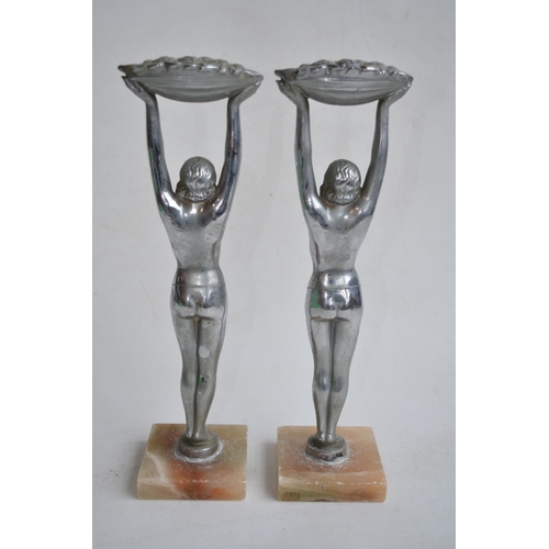 663 - Pair of c1930's chromed art deco figures of ladies holding flower garlands on alabaster bases. H35.5... 