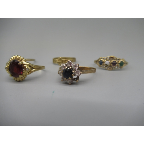 615 - Six 9ct yellow gold rings including a cameo ring, a clear stone and sapphire cluster ring, 9.1g, and... 