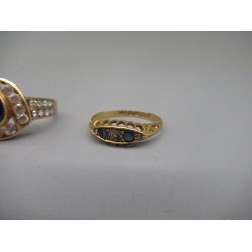 617 - 18ct yellow gold sapphire and diamond ring stamped 18, size  L1/2, 1.7g, and a 14ct yellow gold ring... 