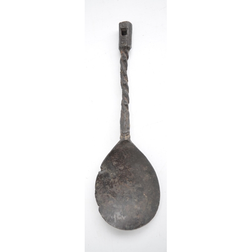 670 - 16th century English pewter spoon, writhen zoomorphic stem with whistle end, L14cm, found on the ban... 