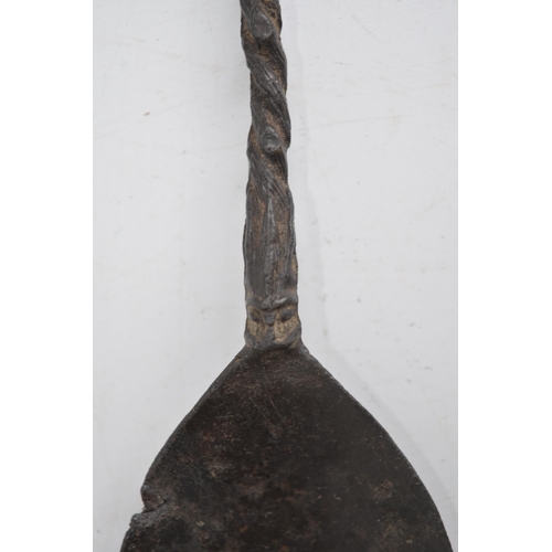 670 - 16th century English pewter spoon, writhen zoomorphic stem with whistle end, L14cm, found on the ban... 