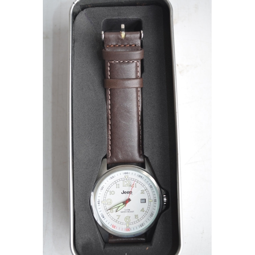 673 - As new Jeep quartz wristwatch with date D42mm, two MG quartz wristwatches, three others Eco Series, ... 