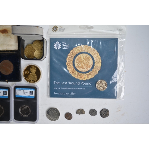 684 - Four early English hammered coins, C19th gaming counters, Platinum Jubilee ERII Platinum £5 coin, Sp... 