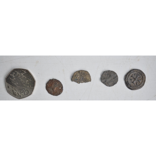 684 - Four early English hammered coins, C19th gaming counters, Platinum Jubilee ERII Platinum £5 coin, Sp... 