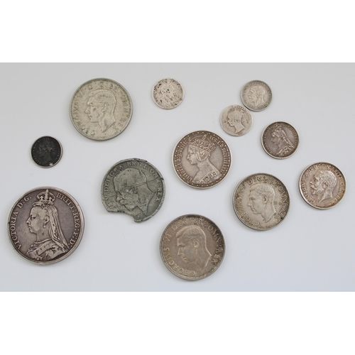 1360 - Selection of GB silver content coinage incl. 1889 QV jubilee head crown, QV gothic florin etc.