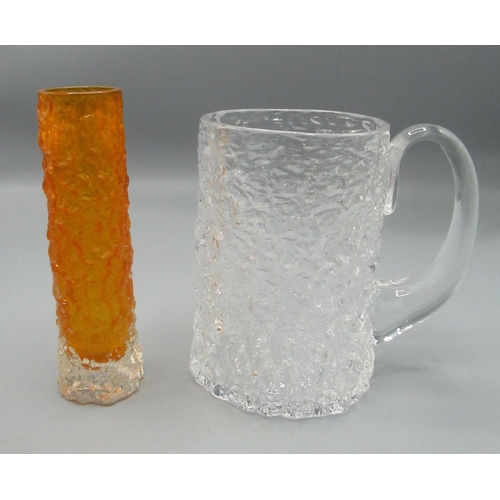 1298 - Whitefriars glass - bark effect flint mug H13cm and tangerine finger vase H14.5cm