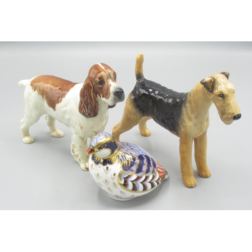 1311 - Royal Crown Derby Red Legged Partridge paperweight with gold stopper, boxed; and two Beswick dogs: A... 