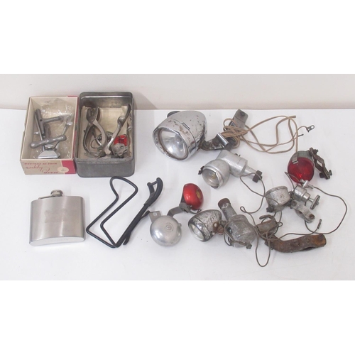 1361 - Assorted dynamo bike lights, stainless steel hip flask, vintage hair clippers