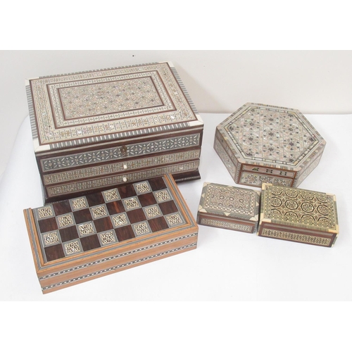 1363 - Folding wooden backgammon/chess games box with mother of pearl inlay, four wooden jewellery boxes wi... 