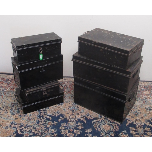 316 - C20th japanned deed box W46cm and six other similar smaller boxes (7)