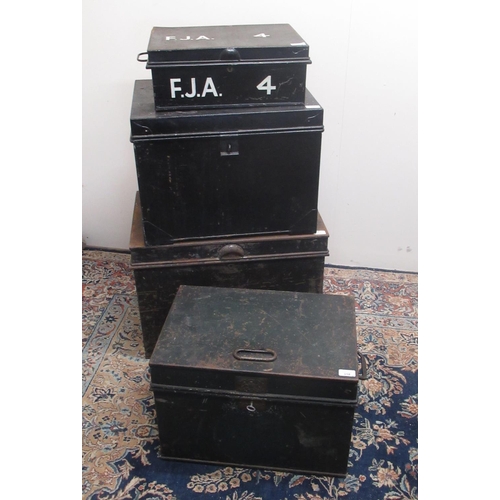 318 - Milner's patent fire-resisting strong box W52cm and three large japanned deed type boxes (4)