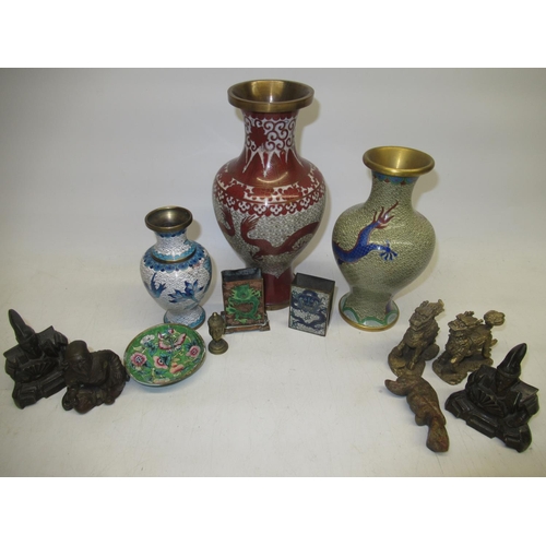 72 - C20th Chinese cloisonne vases, match box holders, metal warlord figurines and other Chinese metalwar... 