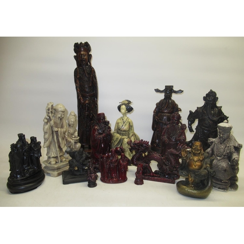 73 - C20th Chinese resin and plaster models of scholars, dragons and warriors, max H41cm