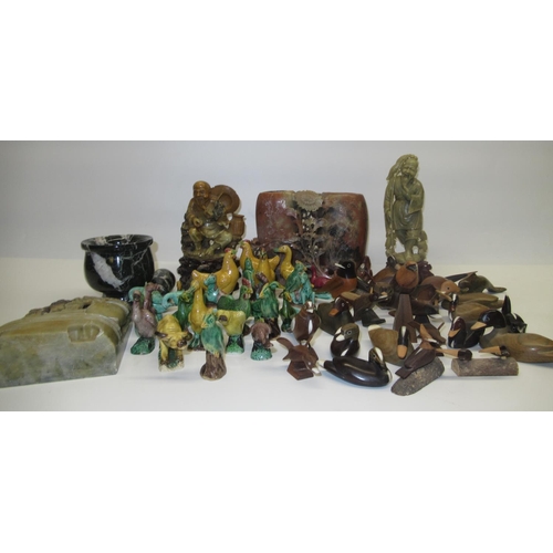 86 - C20th Chinese soapstone carved brush pot and figurines together with a selection of Tang style small... 