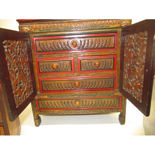 88 - Continental wooden inlaid spice cupboard, a South East Asian painted small cabinet and a Japanese bl... 