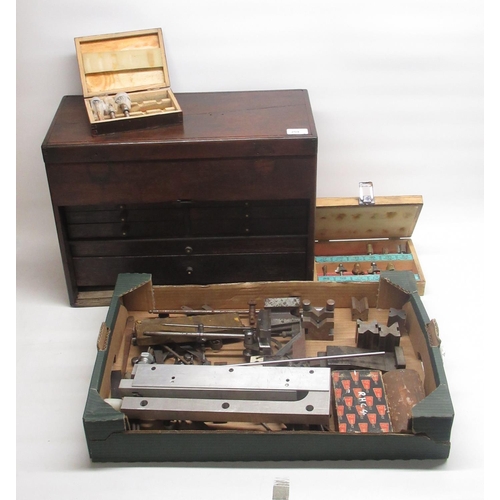 259 - C20th oak toolmakers cabinet with lift lid and eight drawers W50.5cm D22.5cm H39cm and a collection ... 