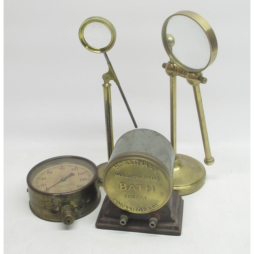 261 - C19th brass adjustable magnifier on circular base H20cm, later similar magnifier H23cm, Reavell  & C... 