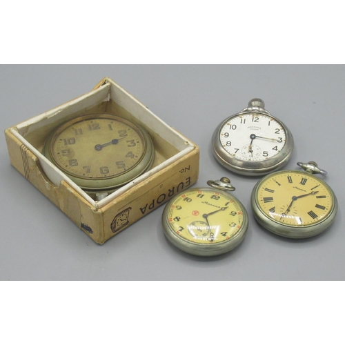 325 - Ingersoll Crown plated keyless wound and set pocket watch,  two similar Russian pocket watches and S... 