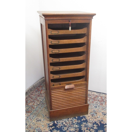 329 - Early C20th golden oak filing cabinet, tambour  front opening to reveal nine drawers, W49cm D43cm H1... 