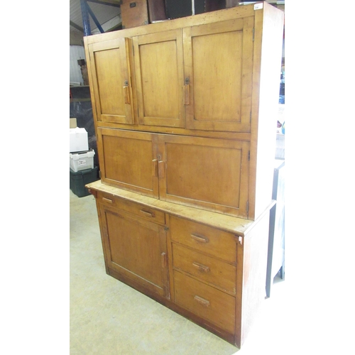 330 - C20th beech kitchen cabinet, the upper section with three cupboard doors over two longer doors above... 