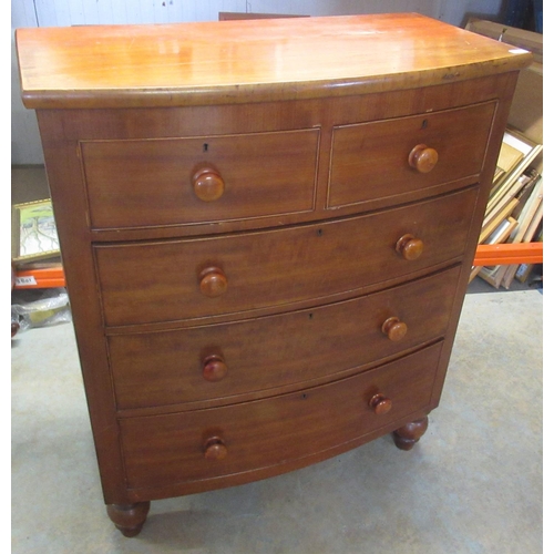 331 - Victorian mahogany bow front chest of two short and three long cock beaded drawers on turned feet W1... 