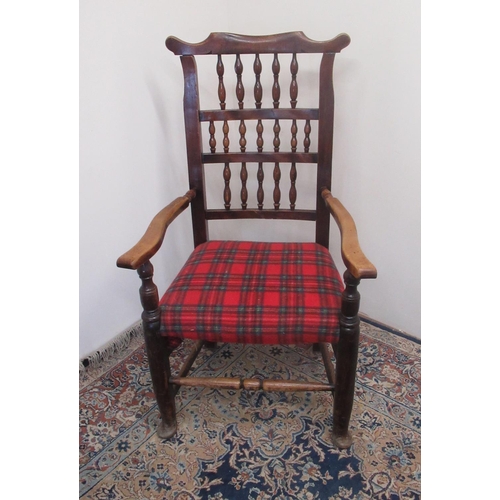 740 - C19th ash and elm elbow chair, with bobbin turned back and tartan upholstered seat on turned support... 