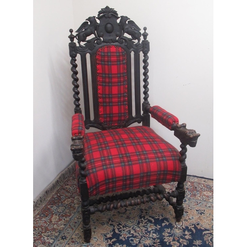 741 - Charles II style ebonised armchair, with gryphon carved back, brass nail tartan upholstered back, se... 