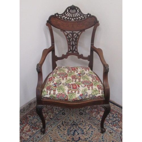 745 - Edwardian inlaid and boxwood strung open armchair, with pierced back and splat with brass nail uphol... 