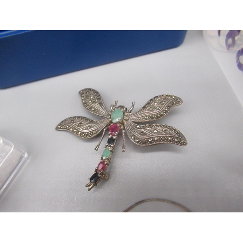 35 - WITHDRAWN Silver dragon fly brooch, the wings set with marcasite and the body and head set with jade... 