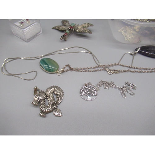 35 - WITHDRAWN Silver dragon fly brooch, the wings set with marcasite and the body and head set with jade... 