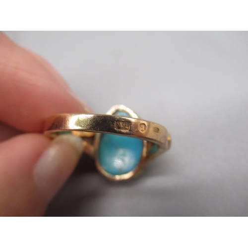 626 - 14ct Soviet yellow gold ring, set with turquoise, stamped 583, size V,  8.4g