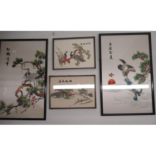 103 - Collection of C20th Chinese and Oriental silk embroidered and other pictures, and a Chinese Gouache ... 