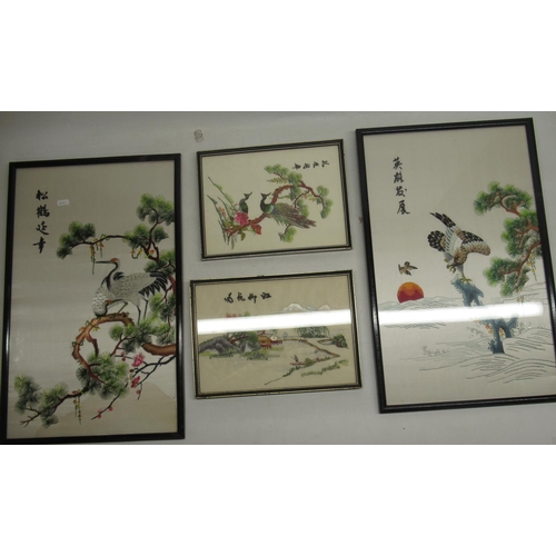 103 - Collection of C20th Chinese and Oriental silk embroidered and other pictures, and a Chinese Gouache ... 