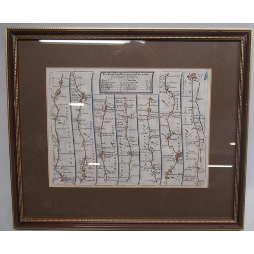 106 - C18th road map of Hereford to Leicester, hand coloured on paper, John Senex c1719, 16cm x 22cm