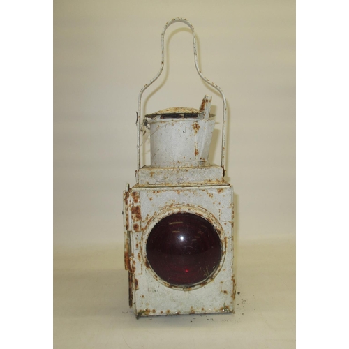 90 - Early C20th white painted railway signal lamp with red glass lens