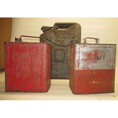 91 - Mid C20th jerry can and with two civilian petrol cans