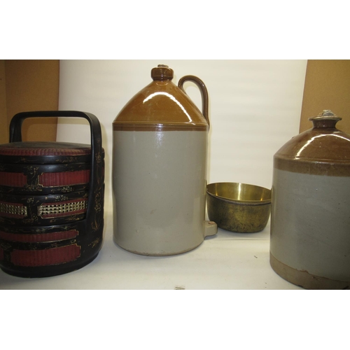 97 - Price of Bristol stoneware 5 gallon cider flagon, J.T. Jones of Wakefield stoneware wine barrel, Chi... 