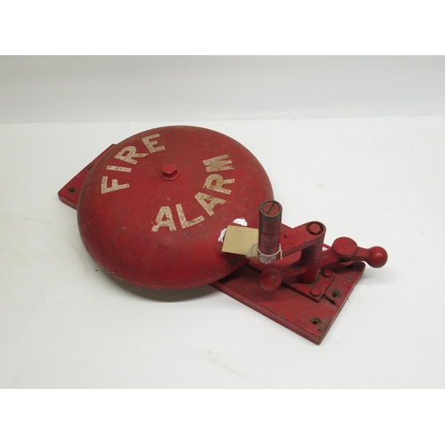 268 - Mid C20th painted hand operated Fire Alarm bell on wood wall bracket - reputed to have been used in ... 