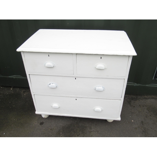 758 - Victorian later white painted pine chest of two short and two long drawers on bun feet, W83cm D46cm ... 