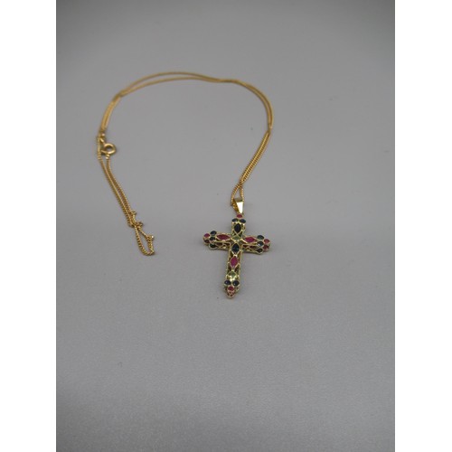 613 - 9ct yellow gold cross pendant set with coloured stones, on 9ct yellow gold chain, L46cm, stamped 375... 