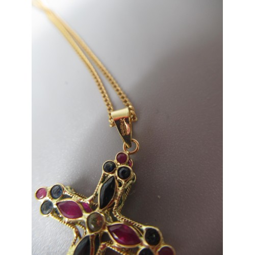 613 - 9ct yellow gold cross pendant set with coloured stones, on 9ct yellow gold chain, L46cm, stamped 375... 