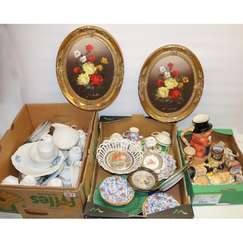 1267 - Quantity of ceramics, predominantly teaware; pair of late C20th floral oil paintings; bevel edged wa... 